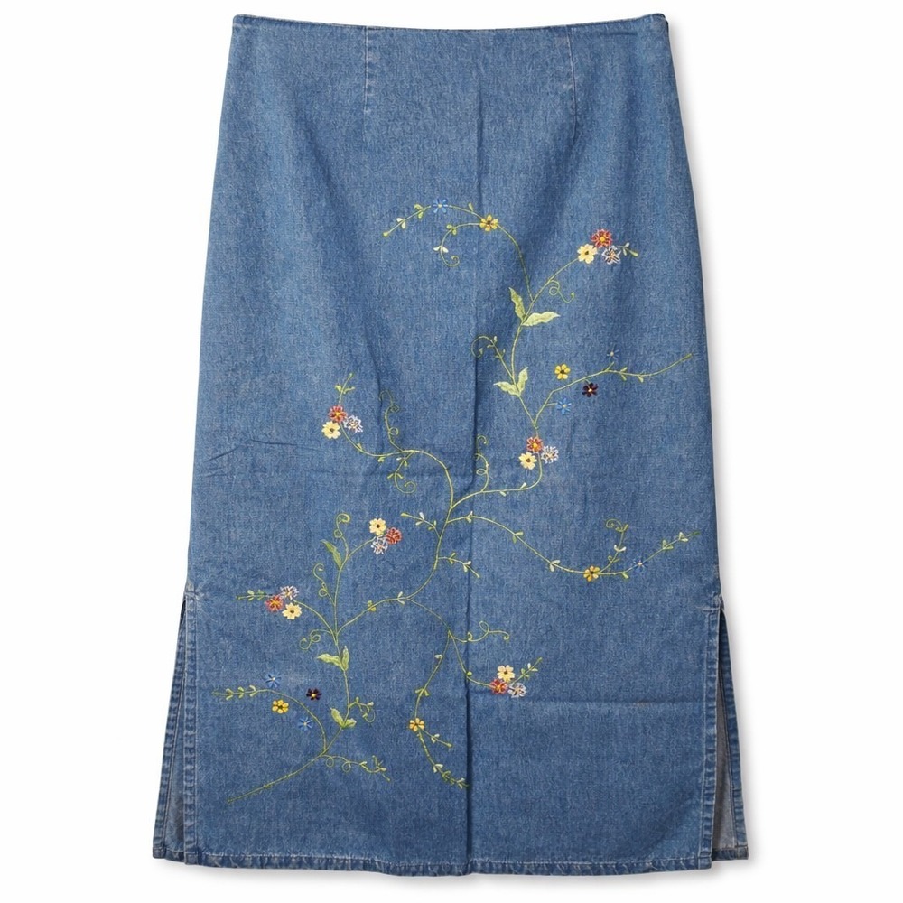 Vtg 220 HICKORY Floral Embroidered Denim Skirt Sz S Cottagecore Modest Farmhouse